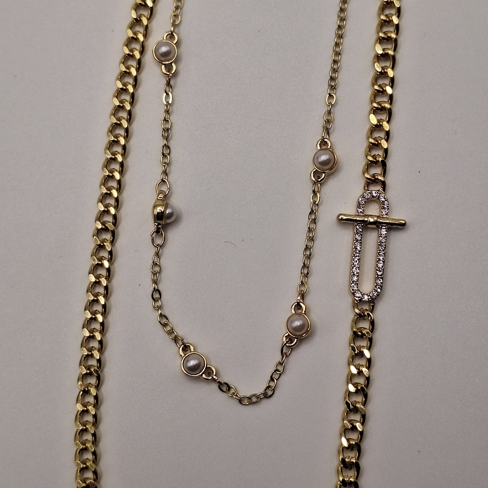 Gold Pearl Layered Necklace Set Multi Chain Necklace with Matching Stud Earrings